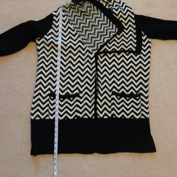 CHICO'S Open Front Cardigan Black White Chevron Pockets‎ Cotton Sweater Sz 2 (M) - Picture 6 of 6